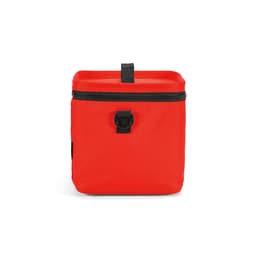 A red cooler with a black zipper and handle, crafted from rPET and rABS materials. It features thermo-injected zippers.