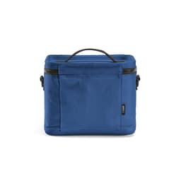 A blue cooler bag with a zippered closure, featuring a handle and a front pocket. It has a logo on the side.
