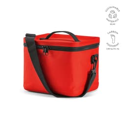 A red cooler bag with a sturdy black strap and thermo-injected zippers, featuring a logo on the side.