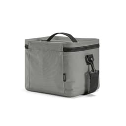 A drink cooler in grey with a handle, zip closure, and a front pocket. Features a logo on the side.
