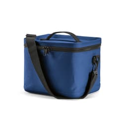 A blue cooler bag with a black strap and thermo-injected zippers. It features a handle for easy carrying.