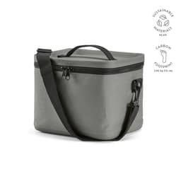 A grey cooler bag with a shoulder strap and thermo-injected zippers. It features an attached handle and branding.