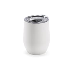 A drink bottle in white with a transparent lid, featuring a black sliding closure and a logo.