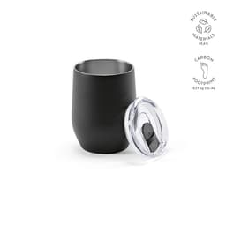 A drink bottle in matte black, featuring a double wall design and a clear lid. It includes a logo.
