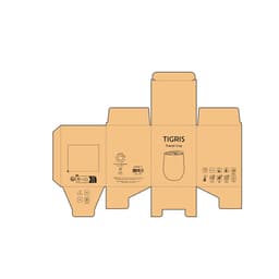 A packaging design for a Tigris Travel Cup, featuring a double wall and lid, in a brown, minimalist style with a logo.