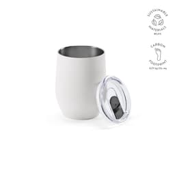 A drink bottle in white with a double wall, lid, and a stainless steel interior. Features a logo and sustainable material badge.