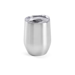 A drink bottle with a sleek stainless steel design, double wall, and a clear lid. It features a logo.