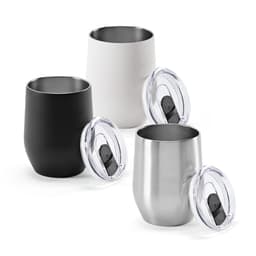 A drink bottle set featuring a black, white, and stainless steel cup, each with a clear lid and double wall design.