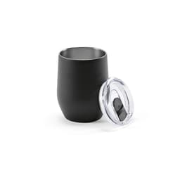 A drink bottle in matte black finish with a clear lid, featuring a double wall design. It includes a branding logo.