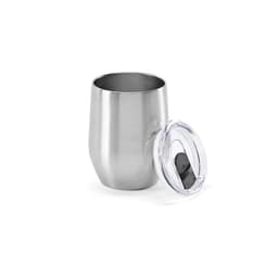 A drink bottle with a stainless steel finish and a clear lid, featuring a double wall design.