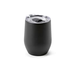A drink bottle in matte black with a clear lid, featuring a double wall design. It has a logo on the side.