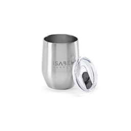 A drink bottle with a silver double wall design and a clear lid, featuring a branding logo.