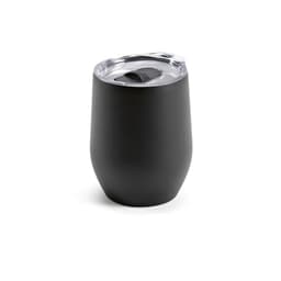 A drink bottle with a double wall, black exterior, and clear lid, featuring a logo. Capacity is 320ml.