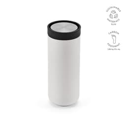 A drink bottle in white with a black lid, featuring a sleek design and a logo.