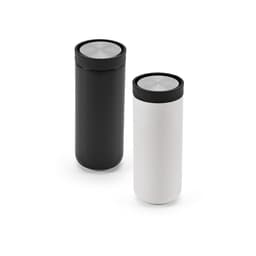 A drink bottle duo featuring a black and a white double wall design with a 360º push lid and a logo.