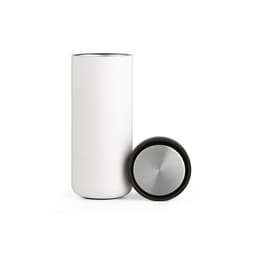 A drink bottle with a sleek white exterior, double wall design, and a black, stainless steel push lid.