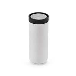 A drink bottle in white with a black lid, featuring a double wall and a 360º push lid, includes branding.
