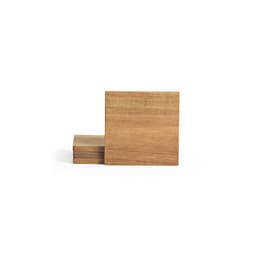 Acacia wood coasters in a square shape, featuring a natural wood finish, arranged in a stack of four.