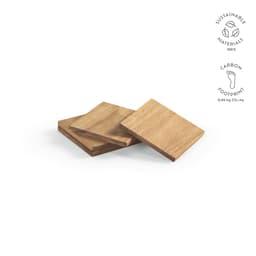A set of four acacia wood coasters in a natural finish, featuring a sustainable materials badge.