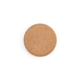 A round cork coaster with a rim, featuring a natural brown colour and a textured surface. It has a branding logo.
