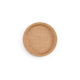 A round cork coaster with a rim, featuring a natural beige colour. The product has a branding logo.