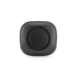 A pair of black earbuds with a square charging case and a logo on the front.