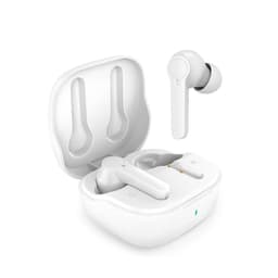 White wireless earbuds in a compact charging case, featuring a modern design and an accompanying logo.