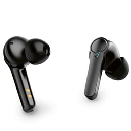 Black earbuds with a shiny finish, featuring a small logo and two different earpiece designs.