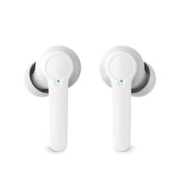 White earbuds are displayed, featuring a sleek design with a subtle logo on one side.