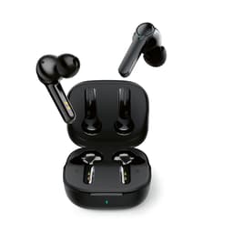 Black wireless earbuds with an accompanying charging case, featuring a sleek design and a logo on the case.