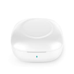 A white charging case for earbuds with a small indicator light. The design is sleek and compact.