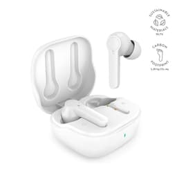 White earbuds displayed inside a charging case, featuring a logo and sustainable materials information.