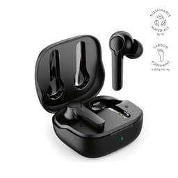 Black earbuds nestled in a charging case, featuring a logo and designed with sustainable materials.