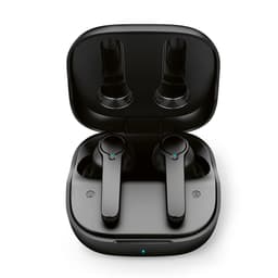 Wireless black earbuds in a charging case, featuring a sleek design and a compact shape.