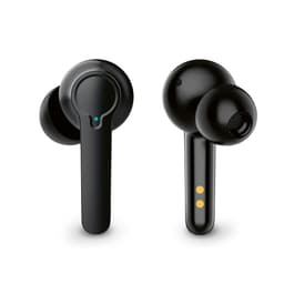 Black wireless earbuds with a sleek design, featuring a charging indicator light and dots for connection.