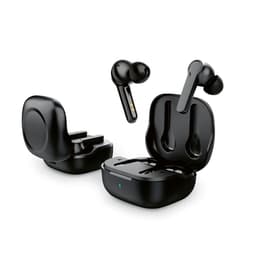 Black earbuds placed near a charging case, featuring a sleek design with a logo on the case.