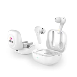 A pair of white earbuds with a charging case, featuring an open design and a logo on the case.