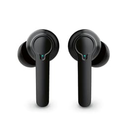 Wireless earbuds in sleek black design, featuring a modern shape and a small indicator light.