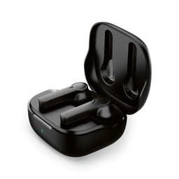 A pair of black earbuds inside a charging case, with an open lid and a small light indicator.