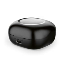 A black charging case for earbuds with a rounded design and a USB-C port at the back.