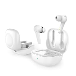 White wireless earbuds displayed with their charging case, featuring a sleek design and a branding logo.