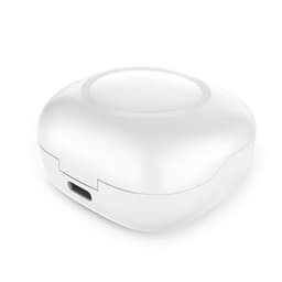 A white charging case for earbuds with a USB-C port, featuring a rounded design.
