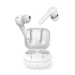 White earbuds with a charging case, featuring a sleek design and an embedded logo.