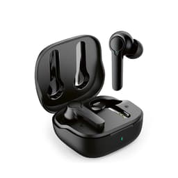 Black earbuds in a charging case with one earbud outside, featuring a sleek, modern design and a logo.