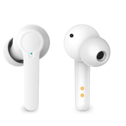 White earbuds with a sleek design, featuring a logo and two colour indicators on the side.