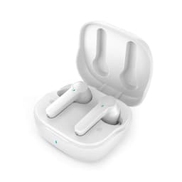 White earbuds with a charging case, featuring a sleek design and an inner section for secure storage.