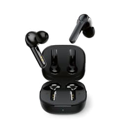 Black earbuds with a charging case, featuring an ergonomic design and an indicator light.