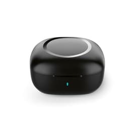 A black earbud charging case with a sleek, rounded design and a small indicator light.