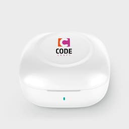 A white charging case with a logo on top, designed for earbuds.
