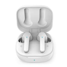 White earbuds in a charging case, with space for left and right earbuds. The case features a small logo.